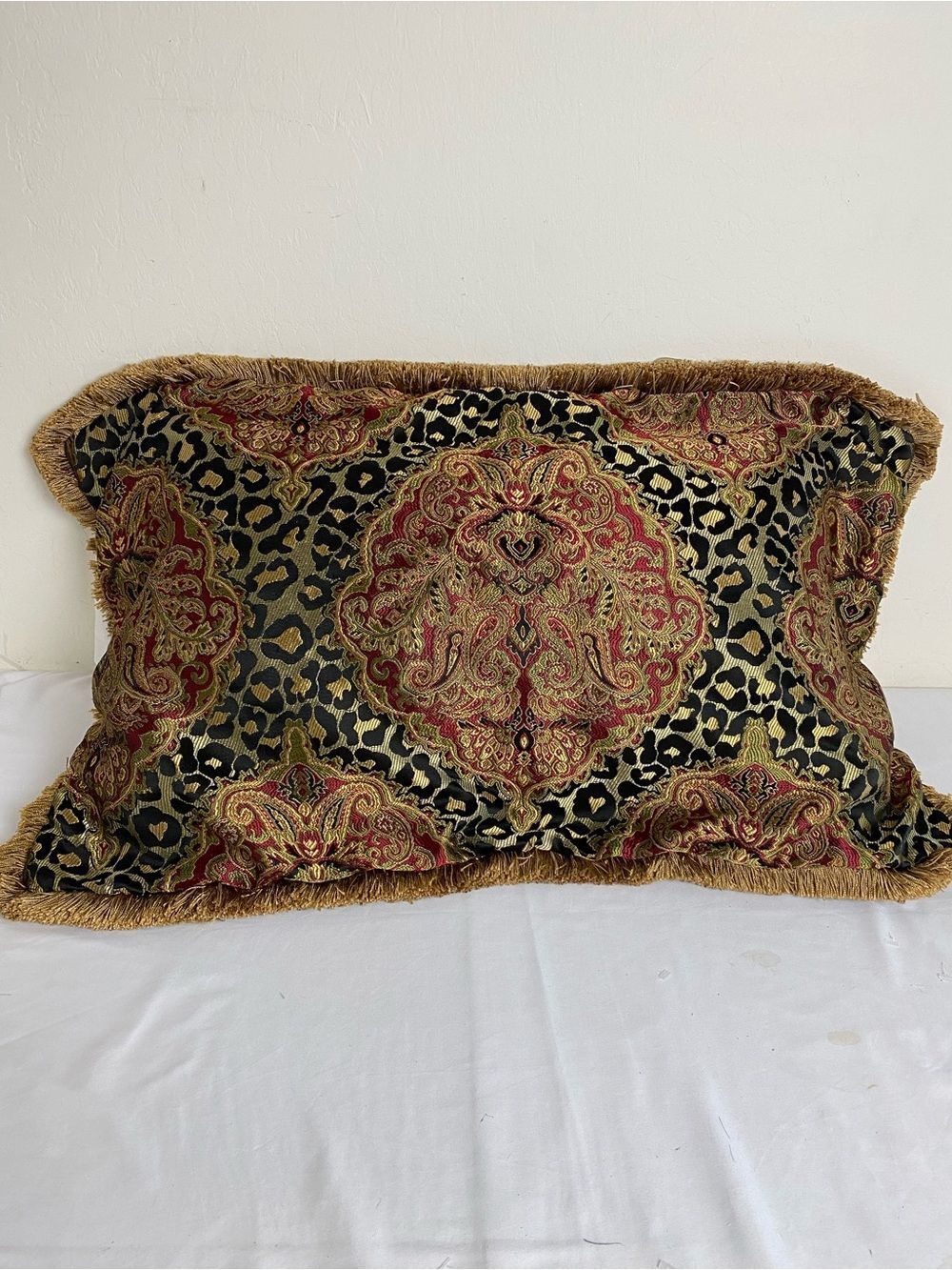 Sherry Kline Home Black, Gold and Red Paisley Leopard Fringe Accent Pillow sham